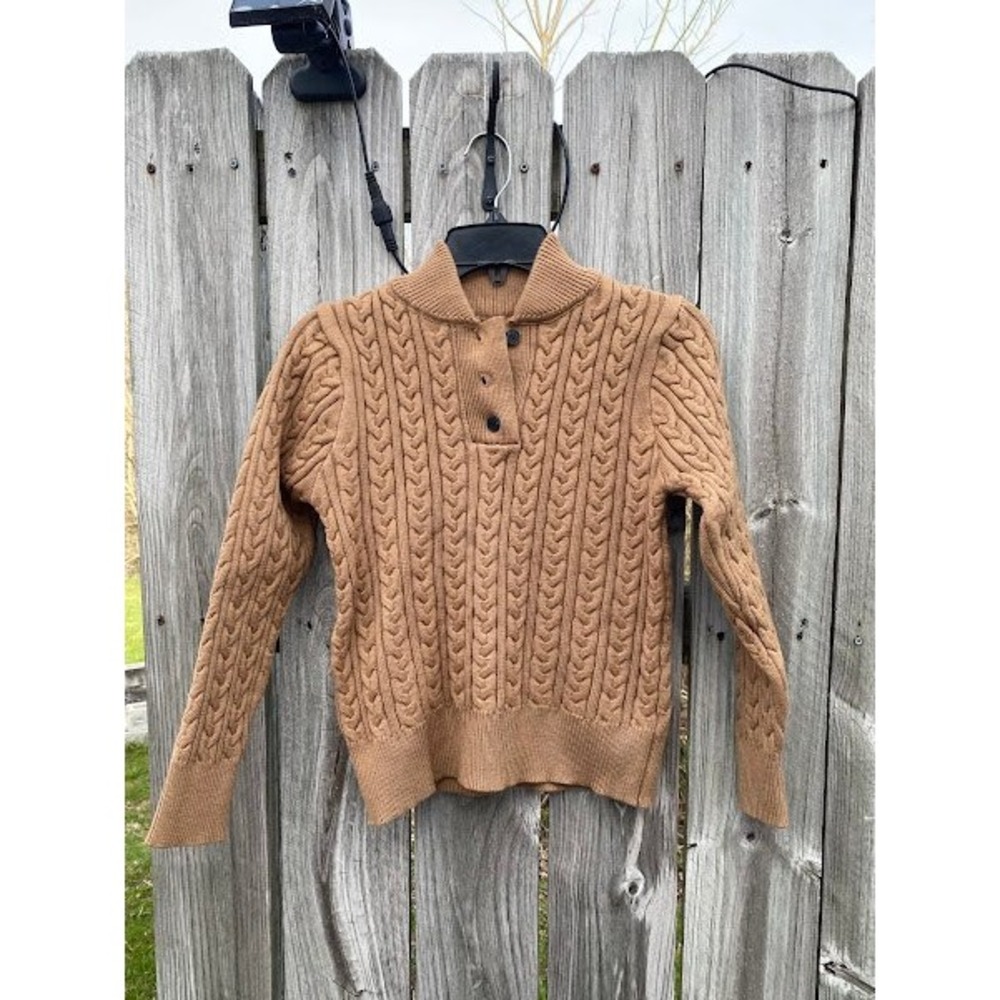 Vintage Camel Tan Cable Knit Henley Sweater Collared Button Neck Womens Small